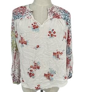 Lucky Brand Women's S/P White Floral Print Split Neck Long Sleeve Blouse Y2K
